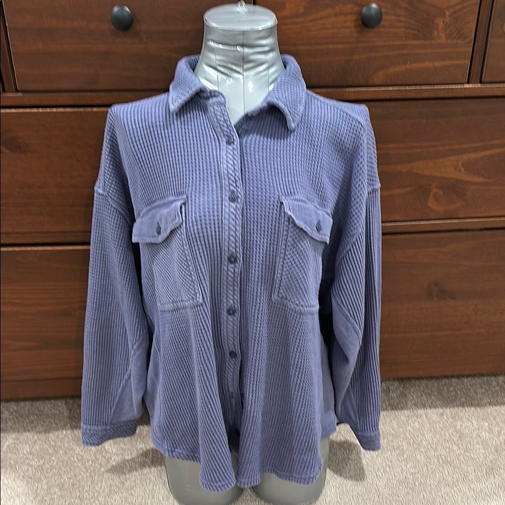 Women's Waffle Knit Button-Up Shirt - Purple